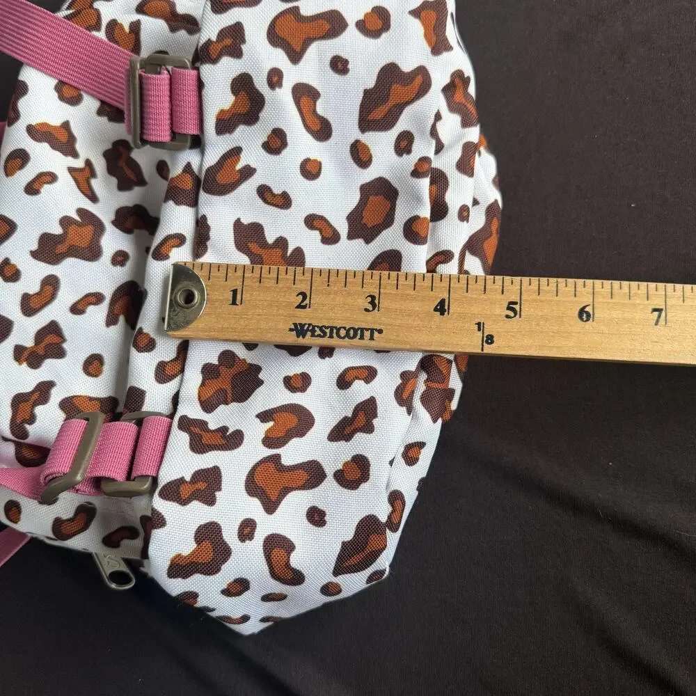 JanSport‎ Mini Backpack Leopard Animal Print White Brown Pink Trim Zip Pocket